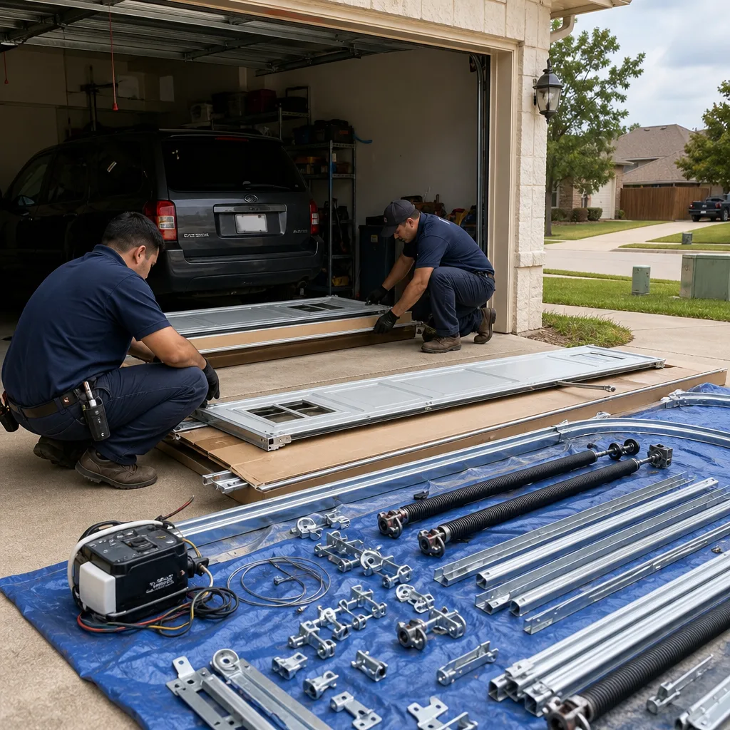 Two professional technicians assembling new residential garage door components on a driveway.