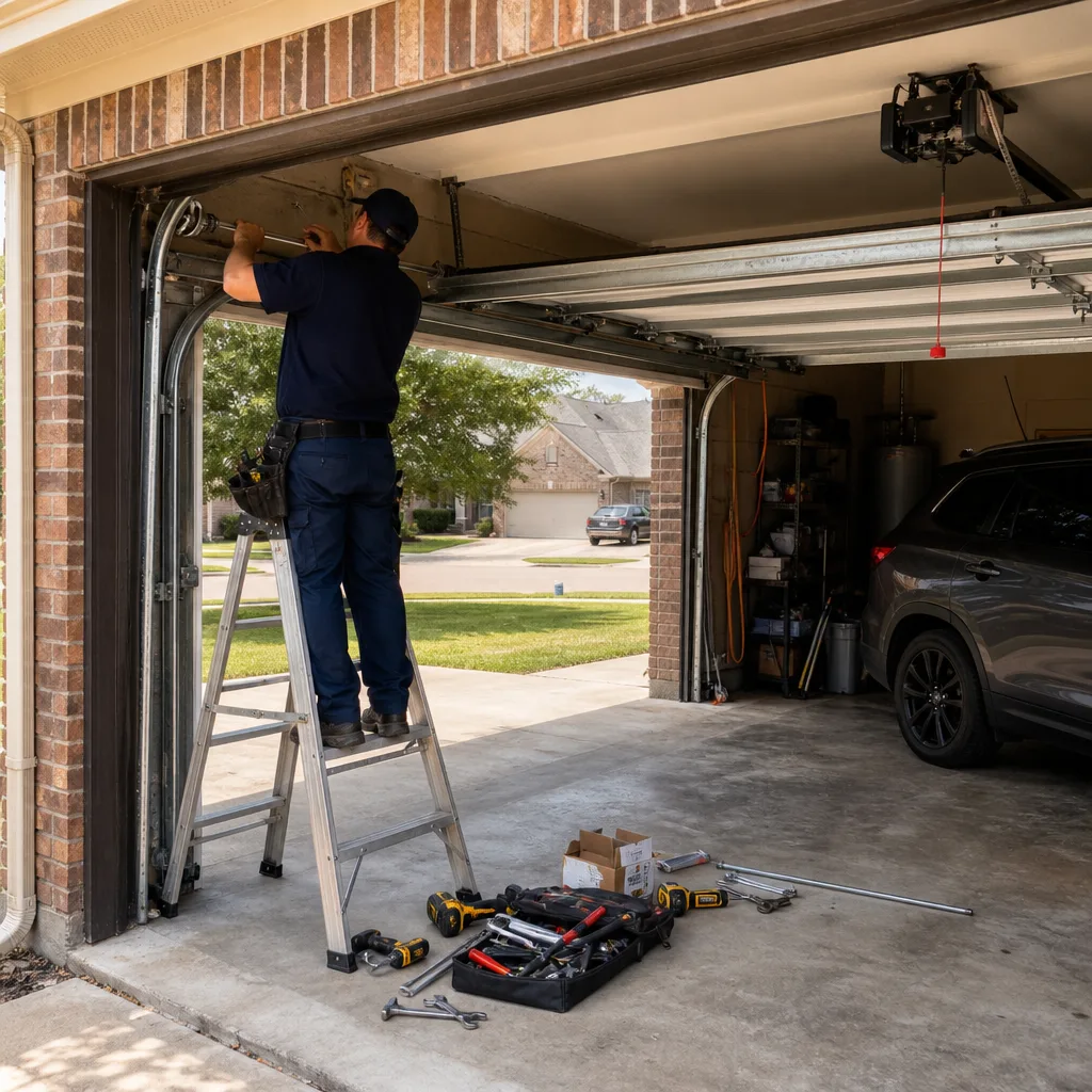Technician performing a professional garage door opener repair