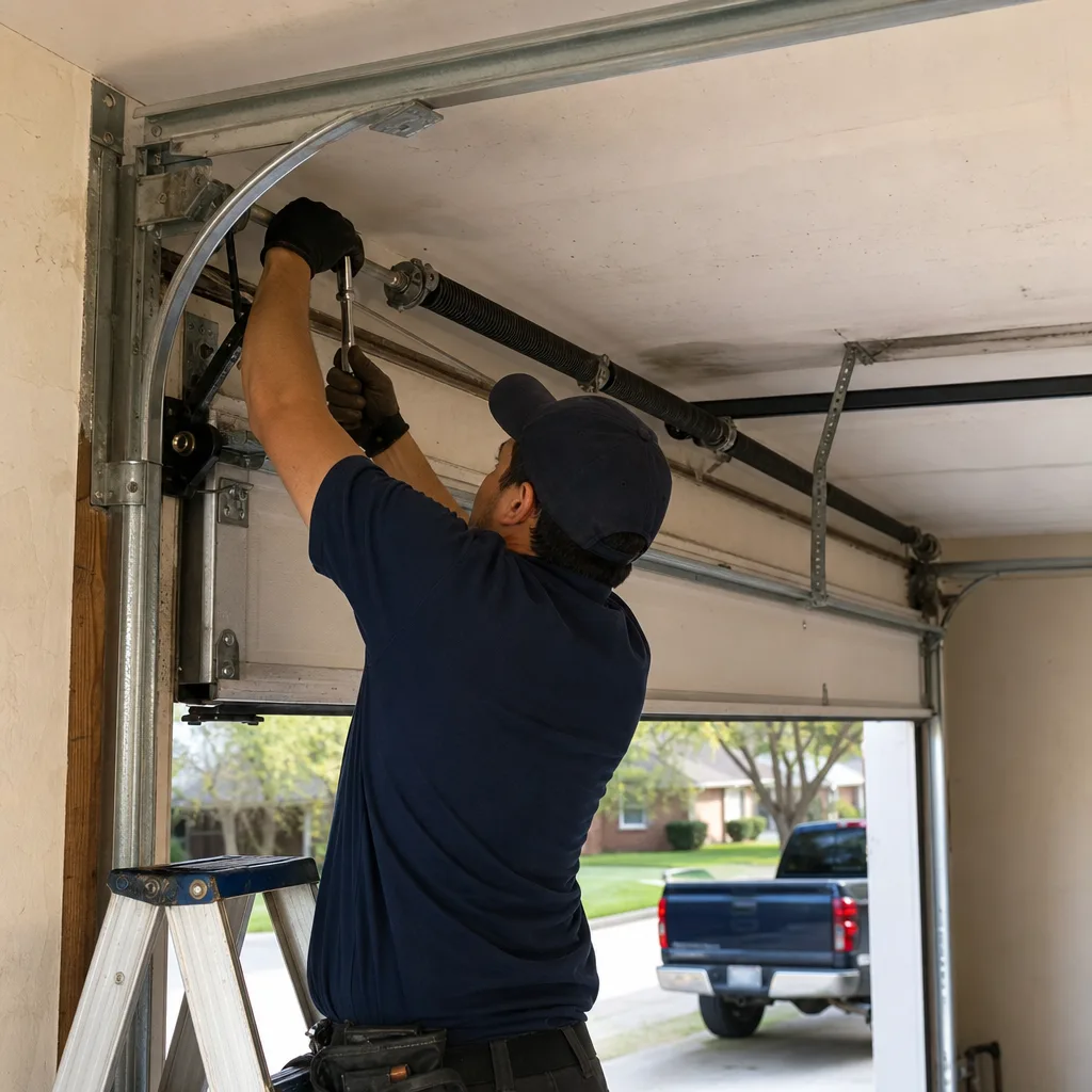 Technician performing professional garage door spring repair and maintenance.
