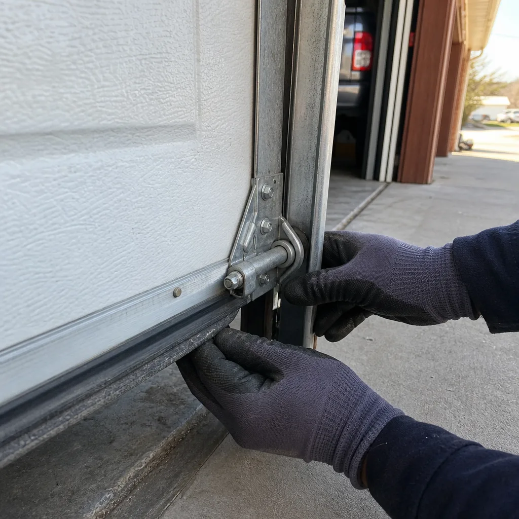 Technician performing professional garage door weather seal and hardware maintenance