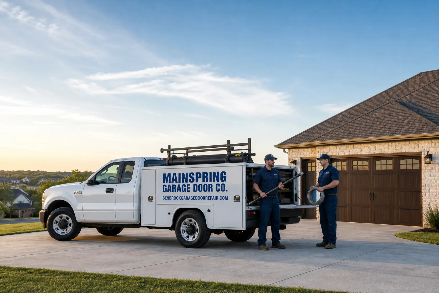 Mainspring Garage Door Co. garage door service vehicle and crew in Benbrook, TX